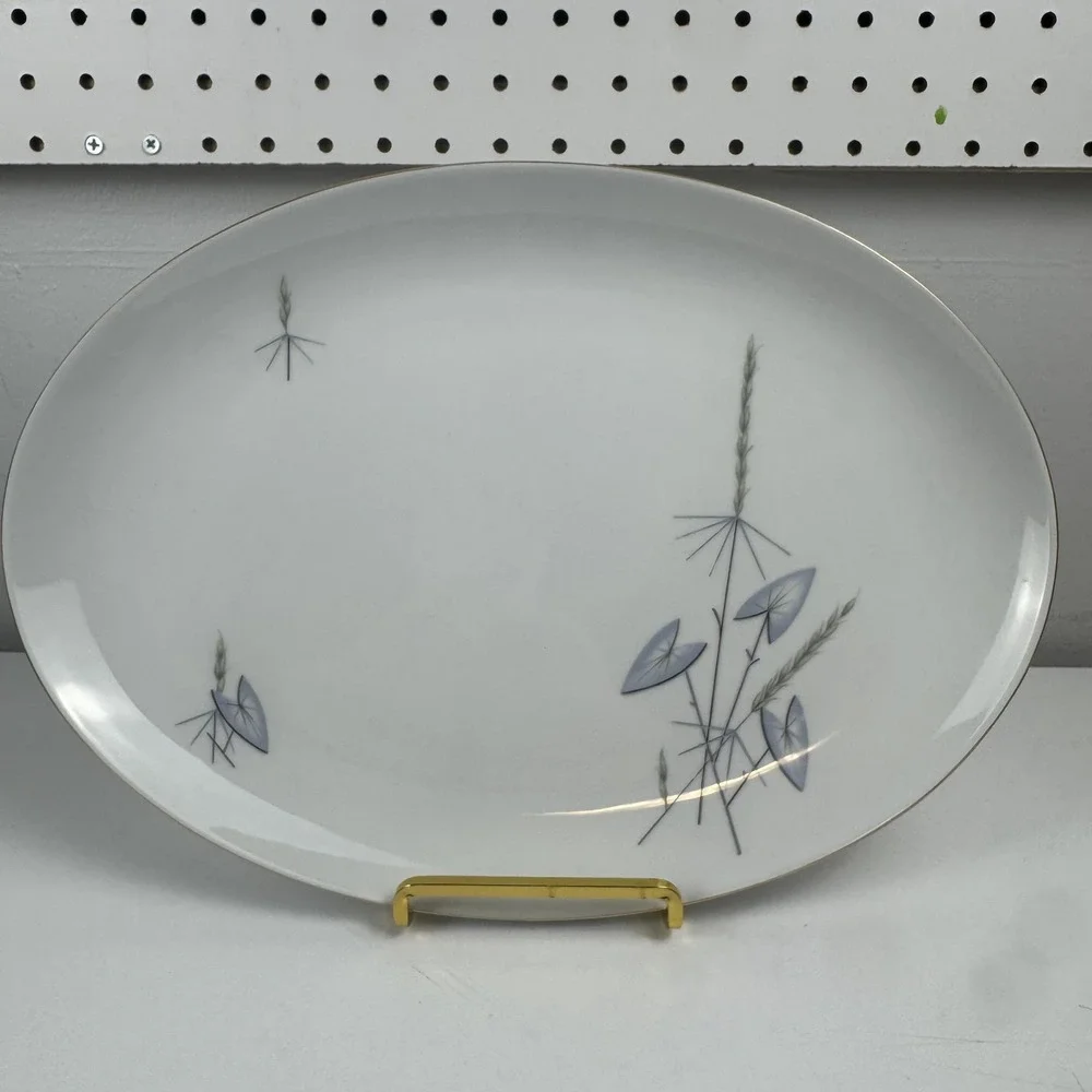 Vintage Eschenbach Bavaria Porcelain Oval Platter White MCM Botanical Gold Rim‎